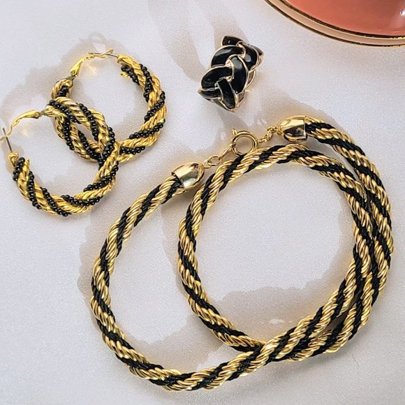 VTG Black and Gold Rope Matching Necklace and Earrings Set - Picture 4 of 4